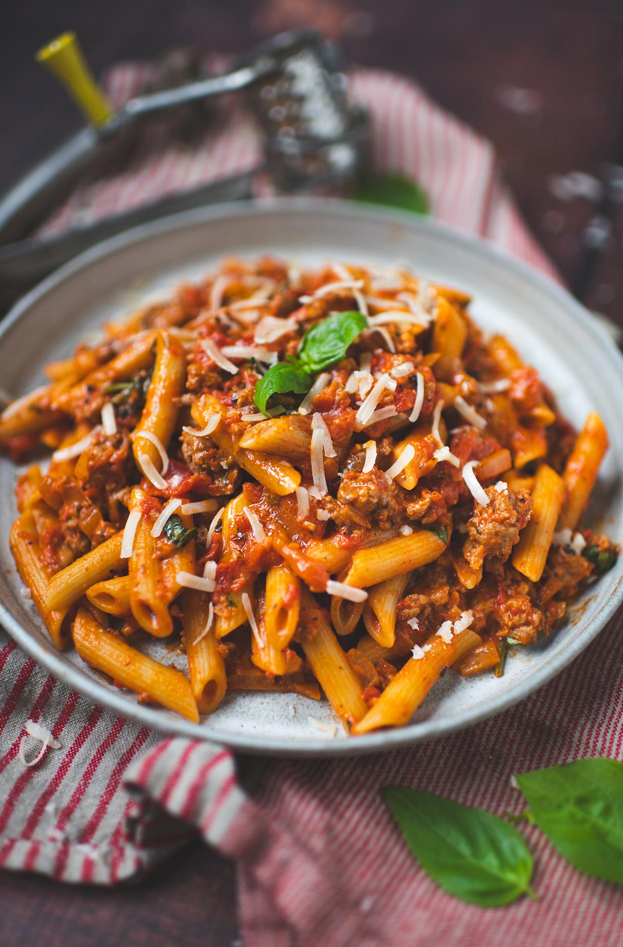 Penne with Italian sausage and tomatoes