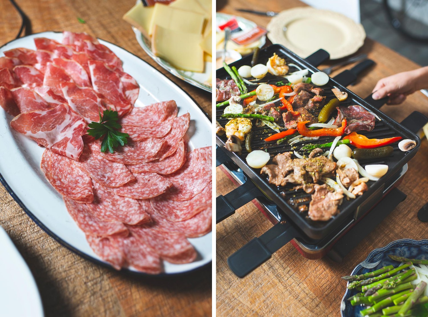 Plateau de charcuteries pour la raclette, puis quelques tranches qui grillent sur la plaque