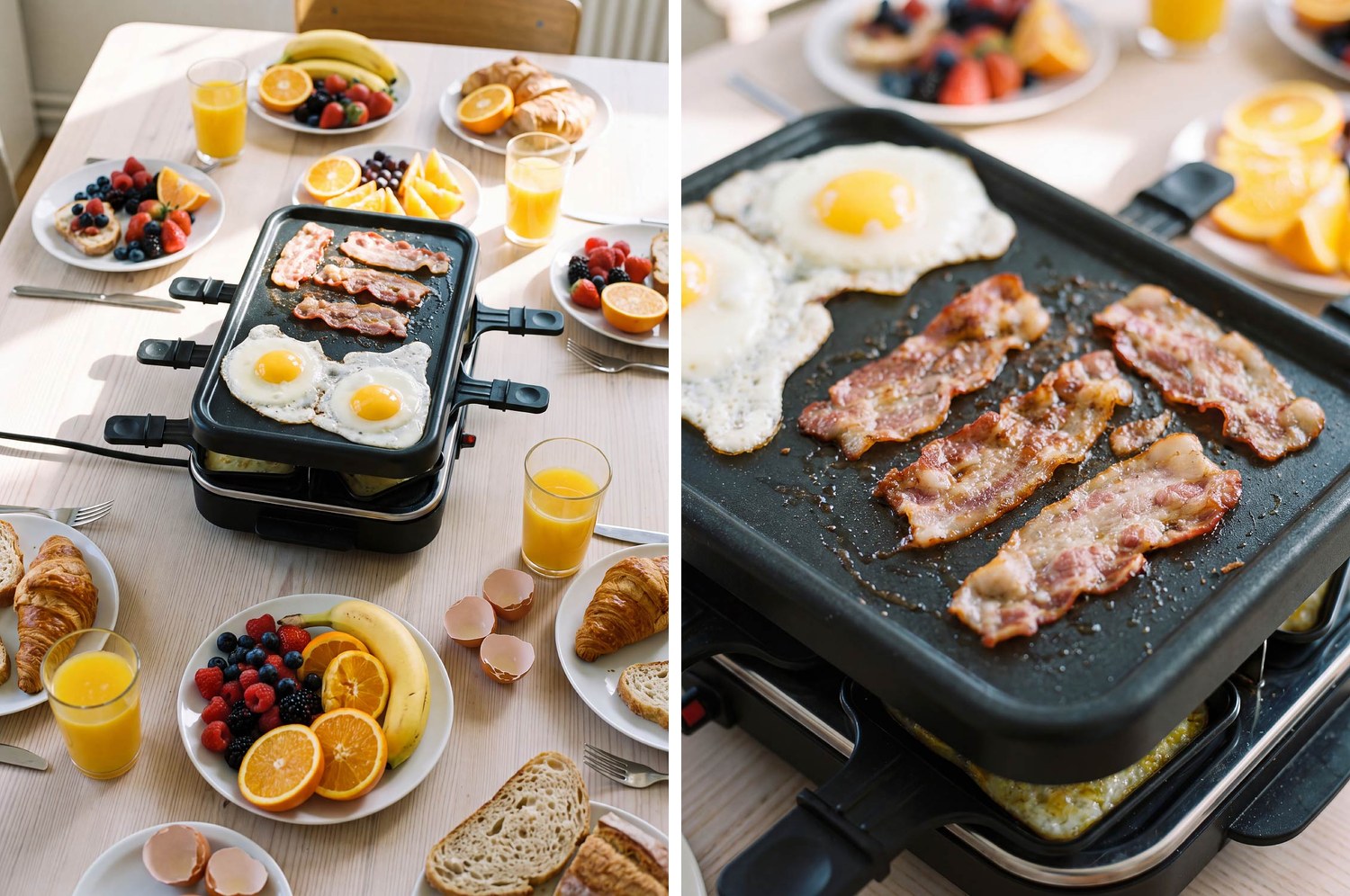 Raclette déjeuner : des œufs et du bacon qui cuisent sur la plaque de l'appareil