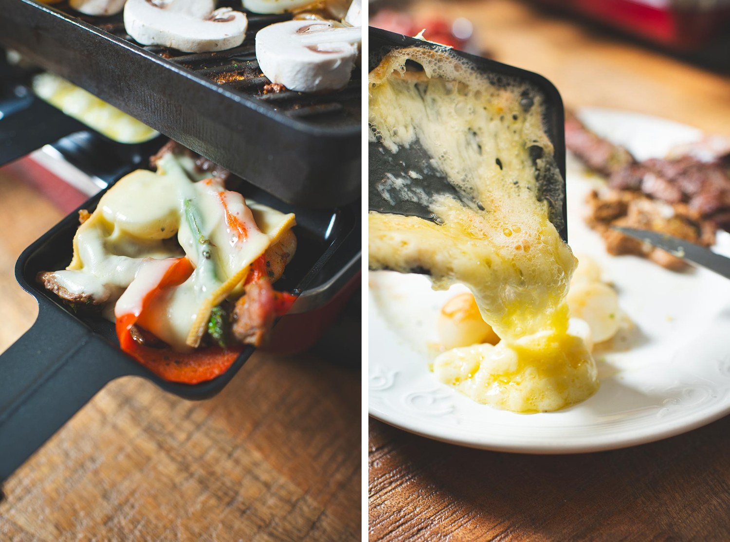 Poêlon de fromage à raclette fondu, puis versé sur des pommes de terre