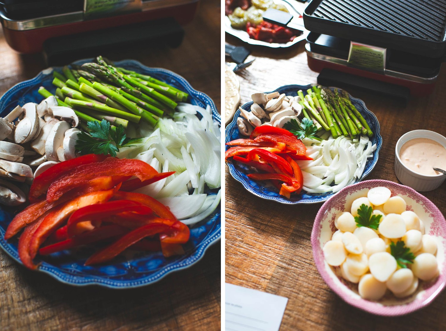 Plateau de légumes pour la raclette : asperges, champignons, oignons et poivrons