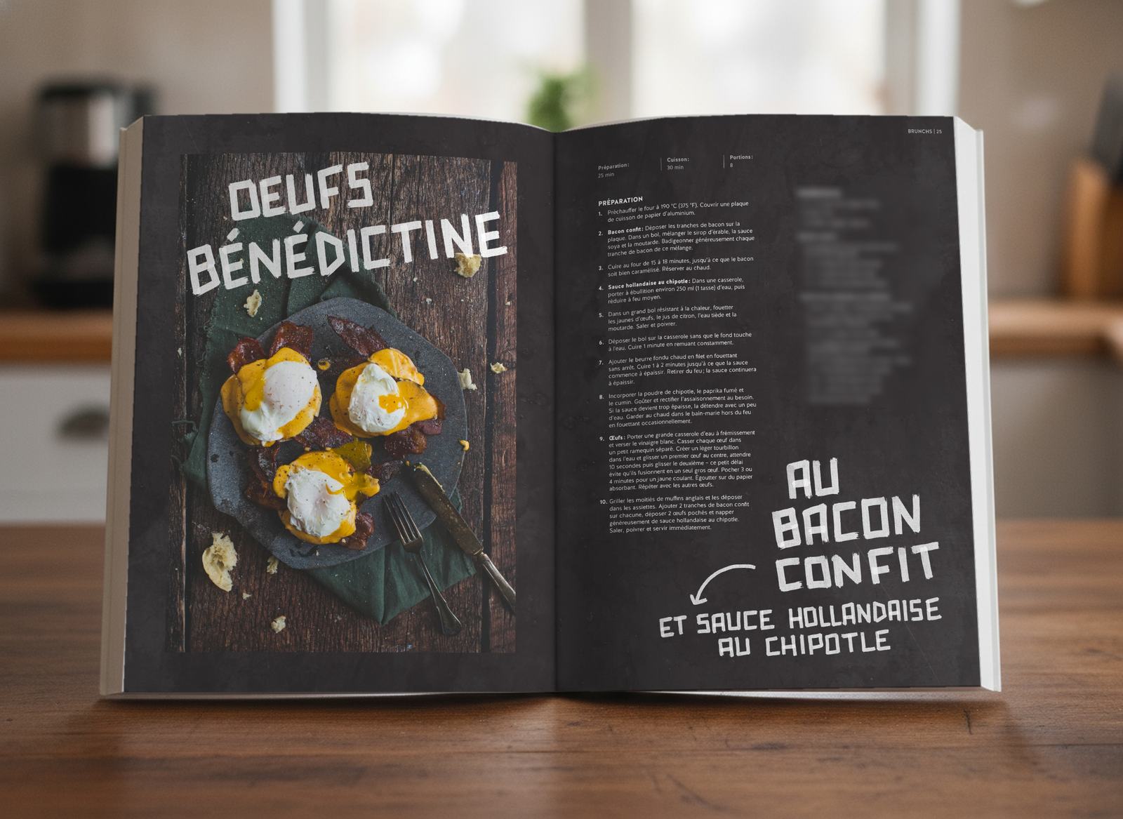 Livre ouvert à la recette des œufs bénédictine au bacon confit, ingrédients floutés
